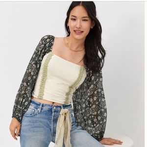 Anthropologie Smocked Ballon Sleeved Top Large Petite New